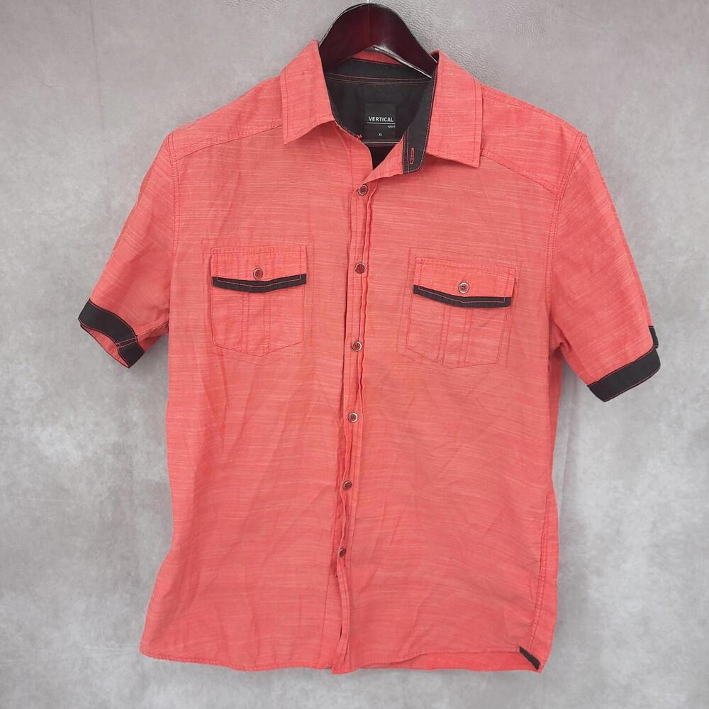 Vertical Sport Shirt Mens XL Red Button Up Short Sleeve Pockets Cotton Blend